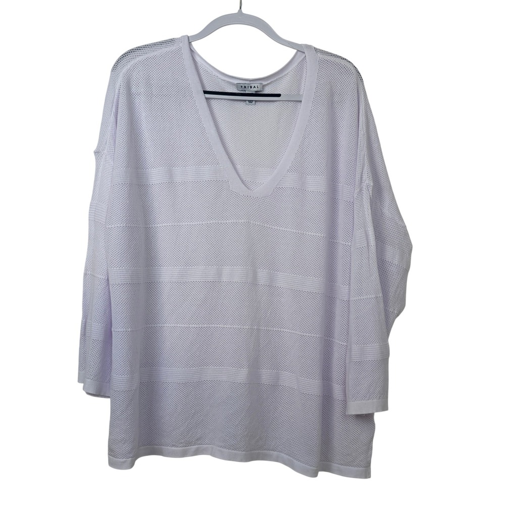 Tribal‎ V-Neck Mesh Knit Sweater XXL White